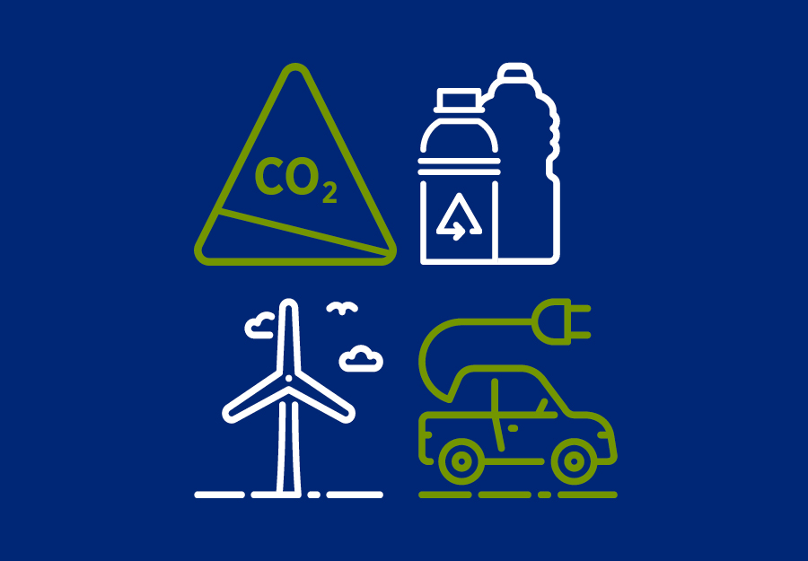 Illustration montrant des symboles pour la réduction des émissions de CO2, le recyclage, l'énergie éolienne et les véhicules électriques sur fond bleu.