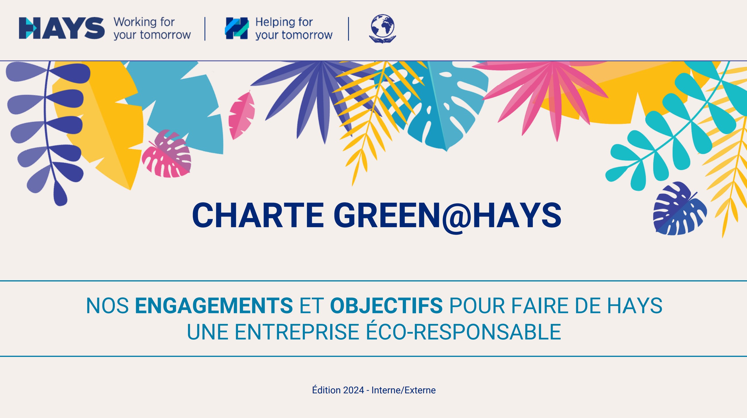 Un visuel avec le texte 'CHARTE GREEN@HAYS - NOS ENGAGEMENTS ET OBJECTIFS POUR FAIRE DE HAYS UNE ENTREPRISE ECO-RESPONSABLE'